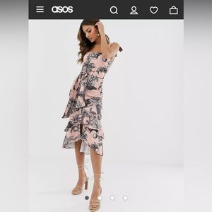 ASOS DESIGN tie strap botanical floral pep hem midi dress - Size 10
